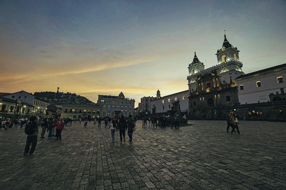A colonial plaza in Quito at dusk