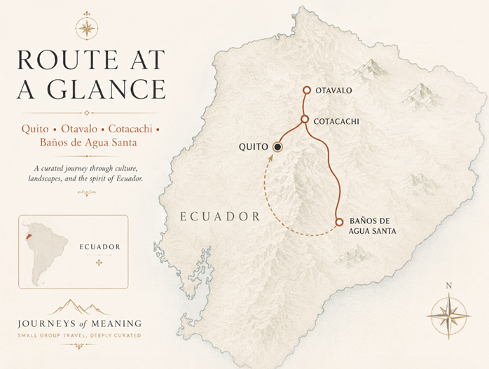 Map of the Ecuador route from Quito to Otavalo, Cotacachi, Baños de Agua Santa and back to Quito